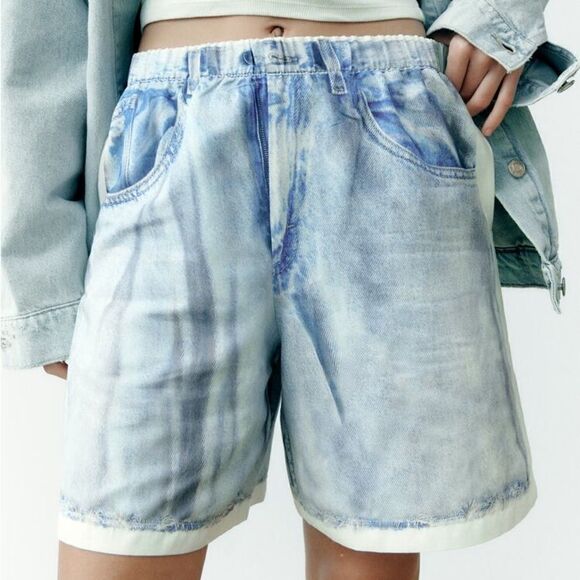 Zara Denim Print Linen Blend Shorts New - Picture 9 of 11